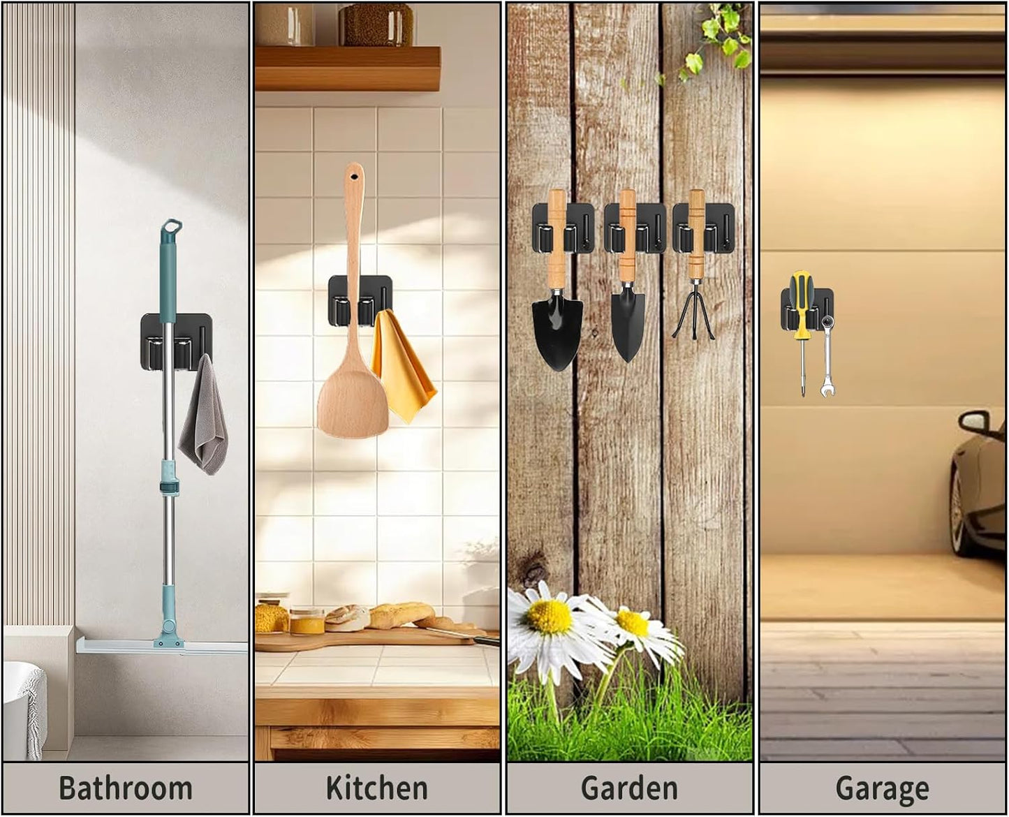 Skiennix Broom Holder Wall Mount - 3-Piece Garden Tool Organizer | Durable 304 Stainless Steel (Black)