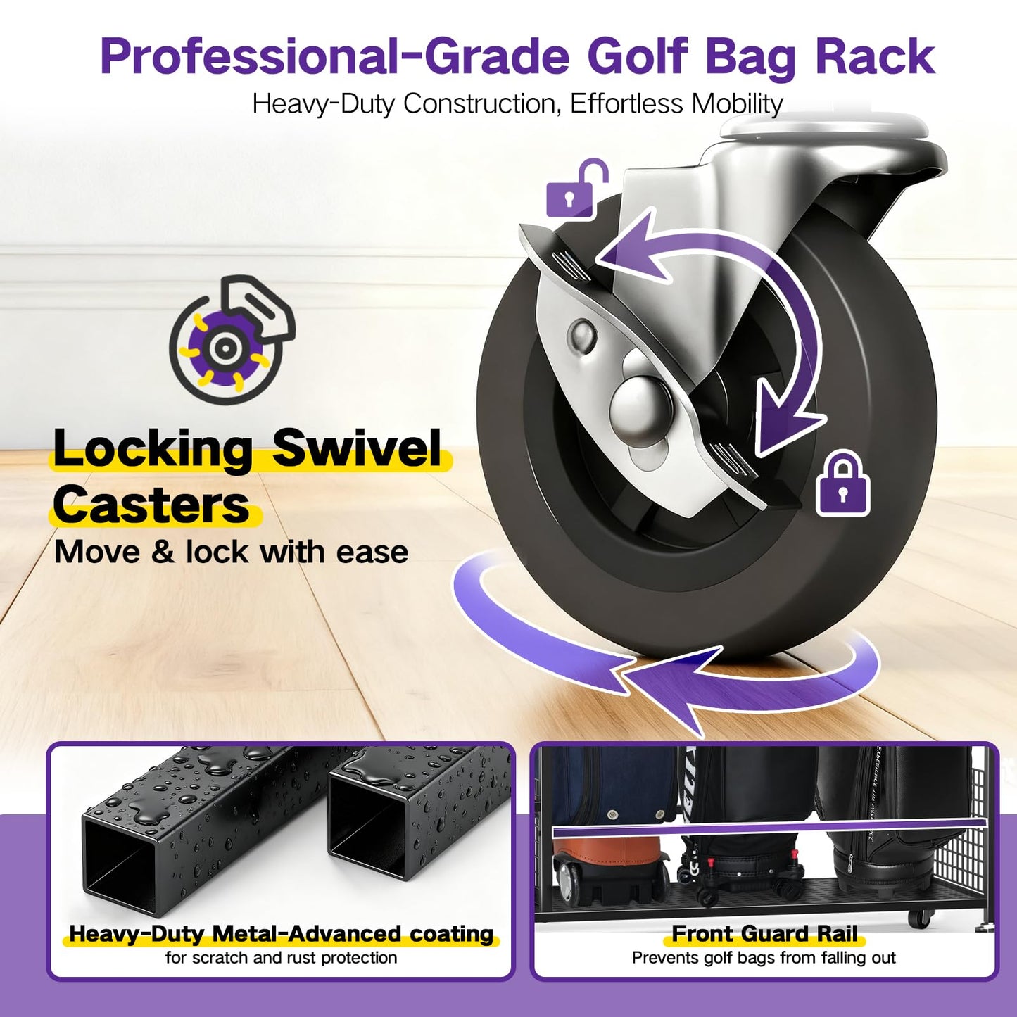 Golf Bag Storage Garage Organizer, Golf Bag Storage Stand and Other Golfing Equipment Accessories Rack, 3 Golf Bag Storage Rack with Wheels, Golf Organizer for Home, Garage, Club, Shed, Basement