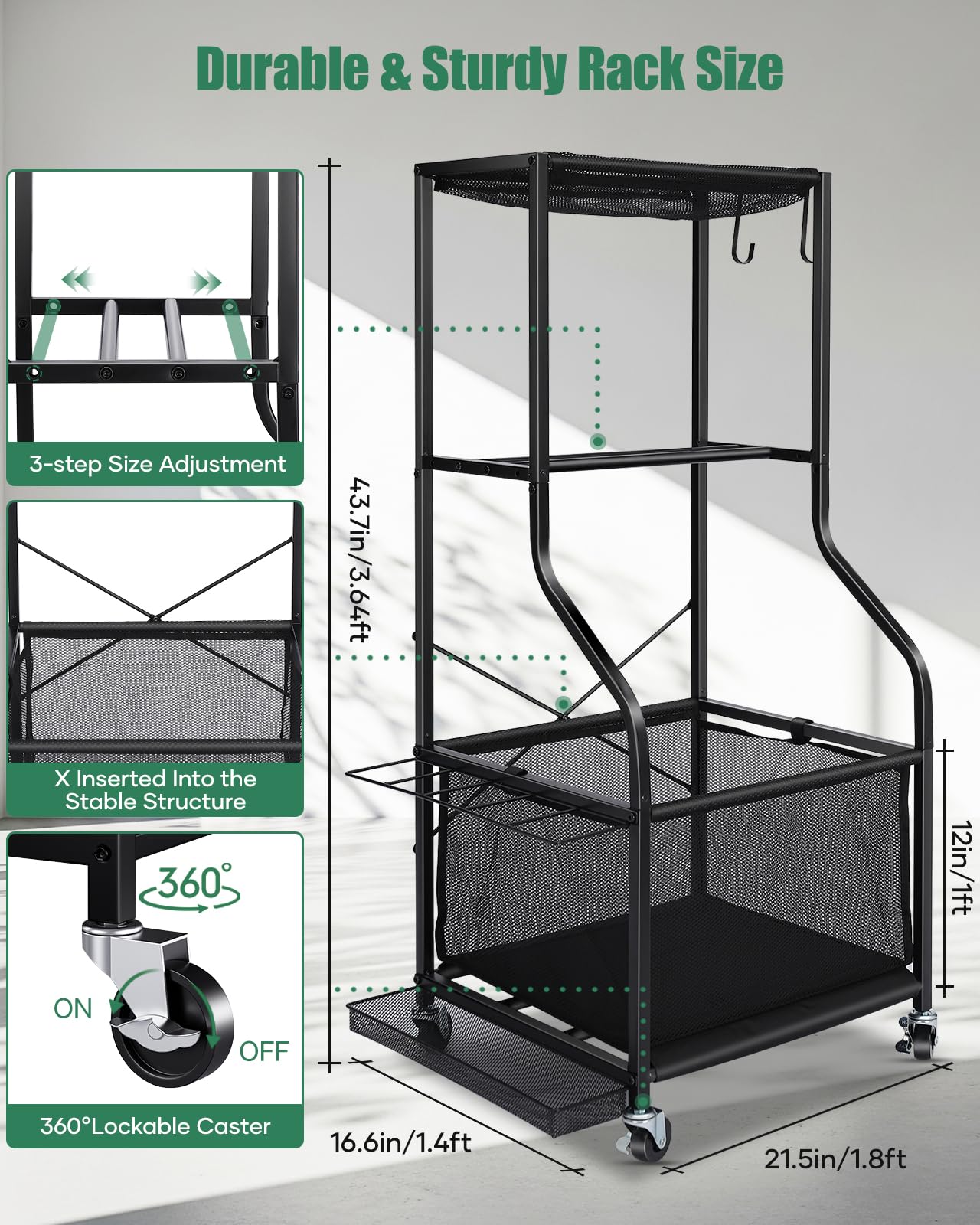 EXTCCT Sports Equipment Garage Organizer - Rolling Ball Storage with wheels, 3-Tier Sports gear Storage Rack Indoor & Outdoor Balls Cart with Hooks for Home, Garage (Black)