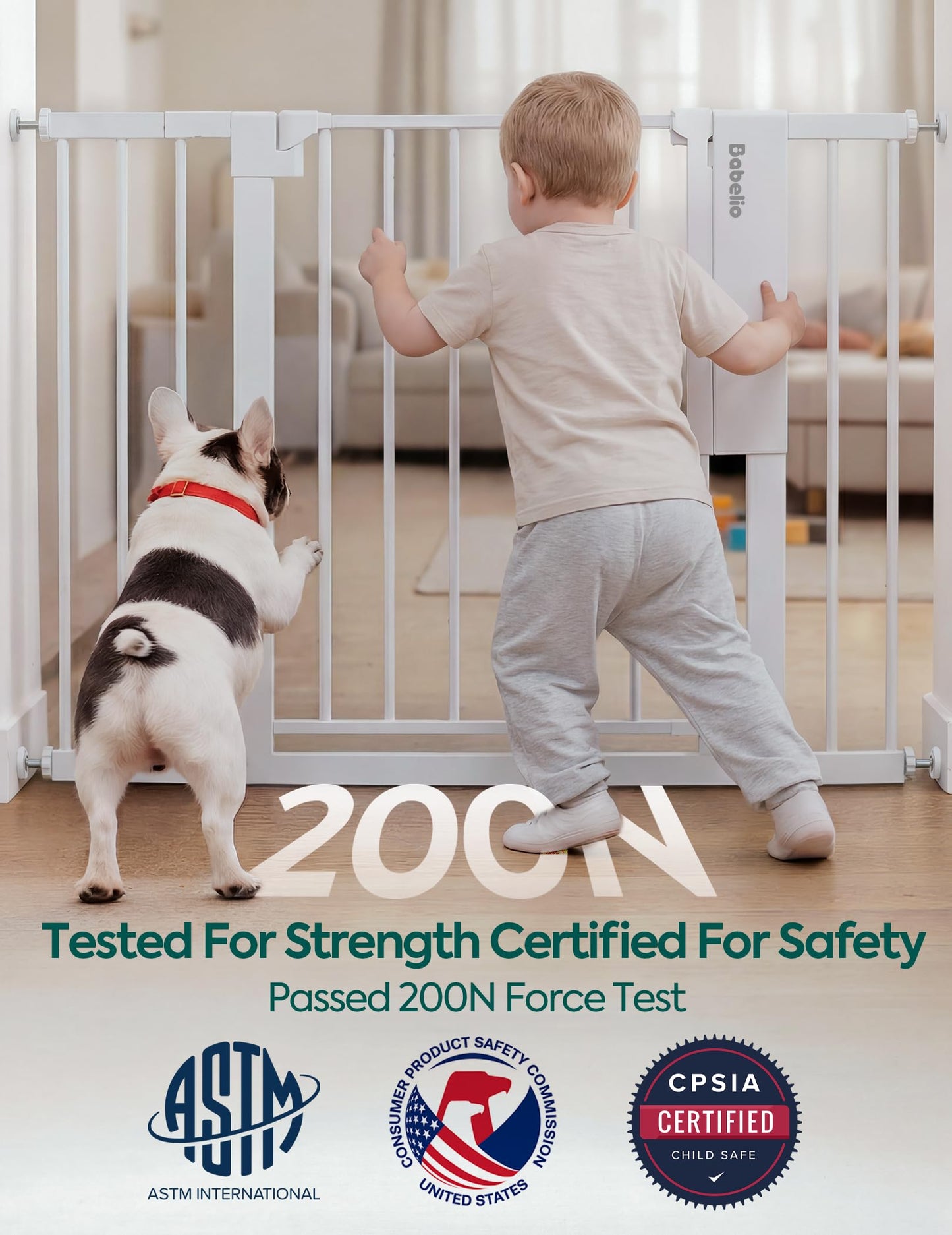 Babelio Smart Baby Gate with Auto-Unlock/Close, Pressure Mounted No Drill for Doorways/Top of Stairs. Pet/Dog Door Wide Walk Thru w/Infrared Sensor & Instant Safety Alert (White, 26.3-37.8" W, 30" H)