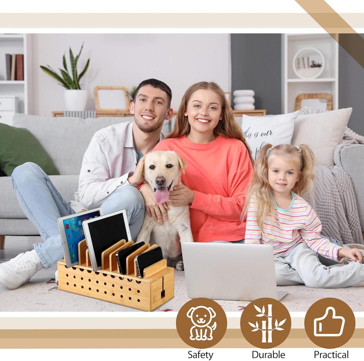 Burbell 10 Bamboo Charging Station for Multiple Devices, Cell Phone Docking Charging Station Organizer and Cord