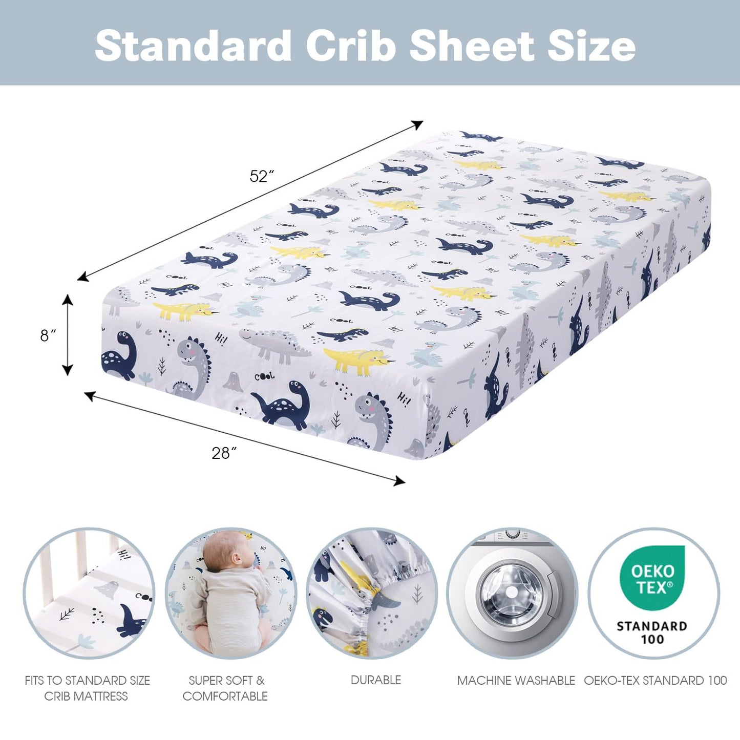 Plushii Crib Sheets - Extra Soft Microfiber Set for Baby Boys | 4 Pack, 28"x52", Dinosaur & Elephant Designs