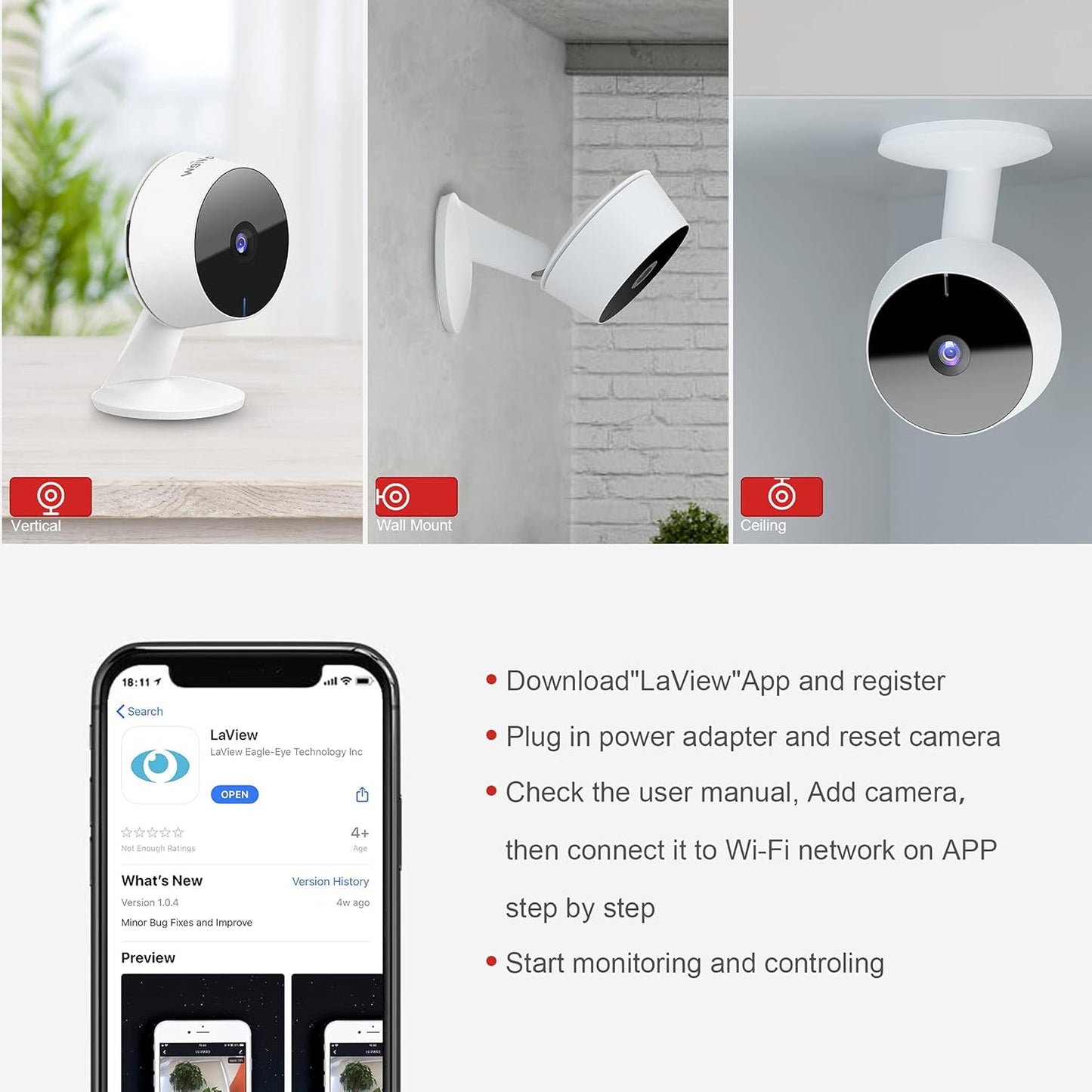 LaView 4pcs, 1080P, Security Cameras Home Security Camera Indoor Wi-Fi Cameras Wired for Pet, Motion Detection, Two-Way