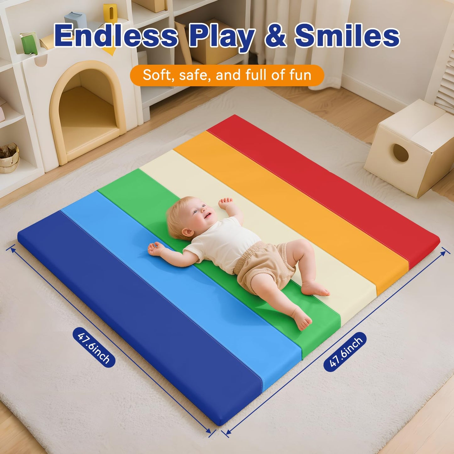 TODIBY Foam Baby Play Mat: PU Leather Waterproof Kids Playmat - Trifold Floor Mat - Large Play Mat for Playpen Thick Pad Fodable Mattress Soft Toddler Mattress Infant Cushion for Preschool (Rainbow)