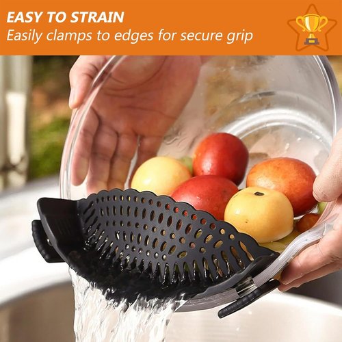 Clip On Strainer Silicone for All Pots and Pans, Pasta Strainer Clip on Food Strainer for Meat Vegetables Fruit Silicone Kitchen Colander (Black)