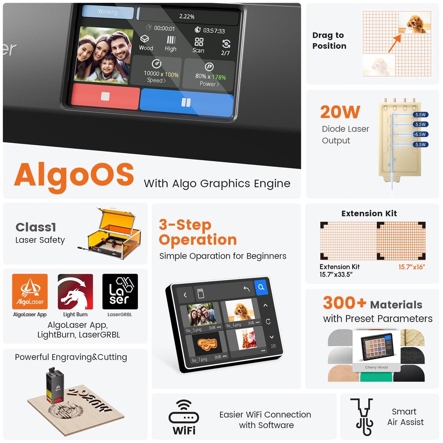Algolaser 20W Laser Engraver Machine - Laser Cutter/Engraver with Air Assist Kit - Laser Engraving Machine with 3.5" Smart Touchscreen & AlgoOS System, Laser Engraver for Wood,Metal,Glass
