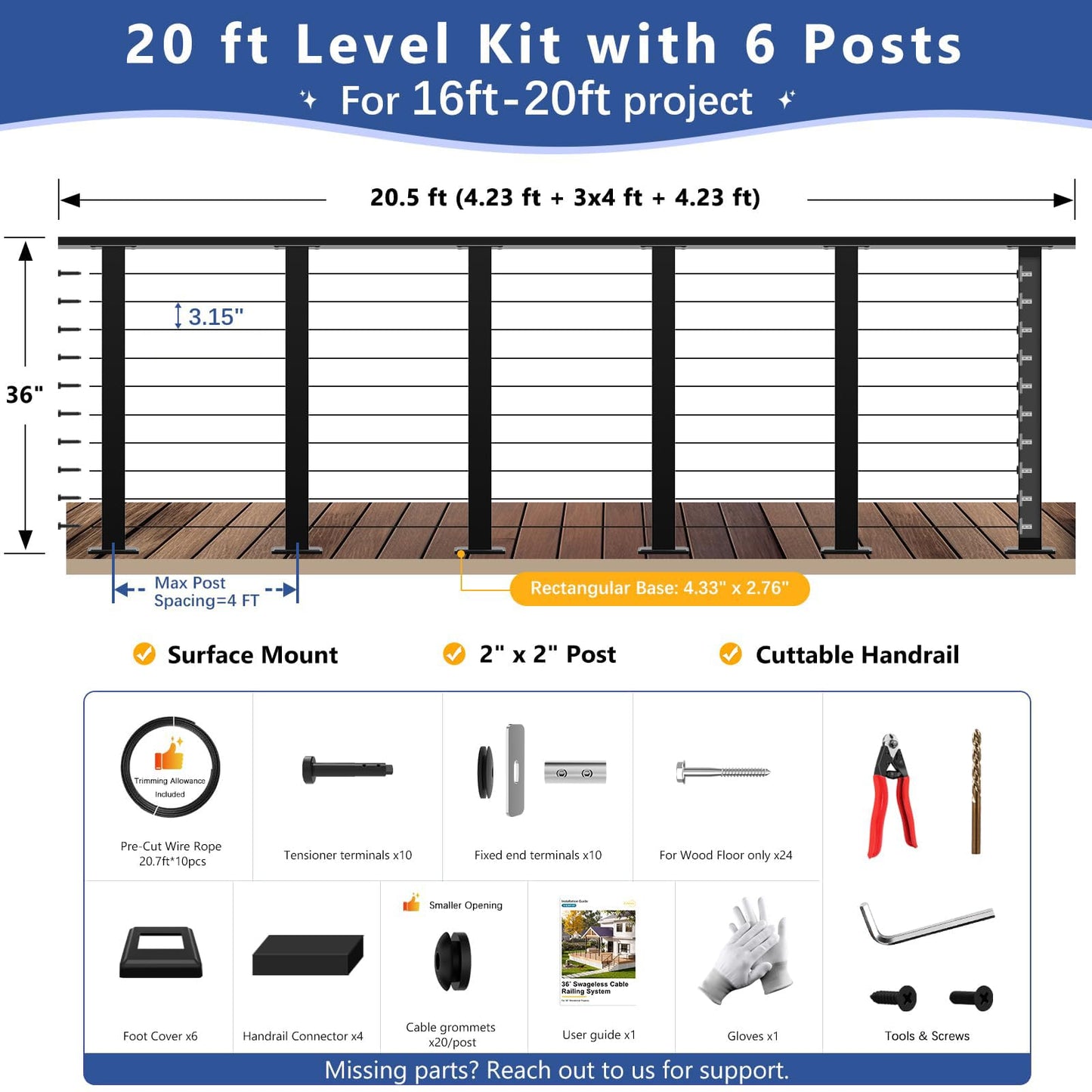 Zylorix 36" Swageless 16-20FT Black Complete Cable Railing System Post Kit with Handrail Cuttable, T304 Stainless Steel, Modular Pre-Cut 1/10" Cable Railing Kit with Level Post Easy DIY for Deck Porch