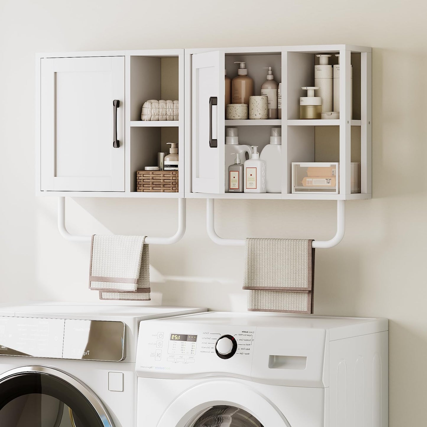 YATINEY Medicine Cabinet, Bathroom Wall Cabinet with Towel Bar, Over The Toilet Storage Cabinet with Adjustable Shelf and Open Partition, for Bathroom, Laundry Room, Living Room, Kitchen, White