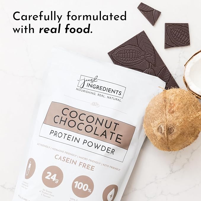 JUST INGREDIENTS Coconut Chocolate Protein Powder ??30-Serving Blend with 100% Grass-Fed Whey & Organic Plant Proteins ??Creamy Coconut Cocoa Flavor ??Supports Muscle Recovery, Energy*