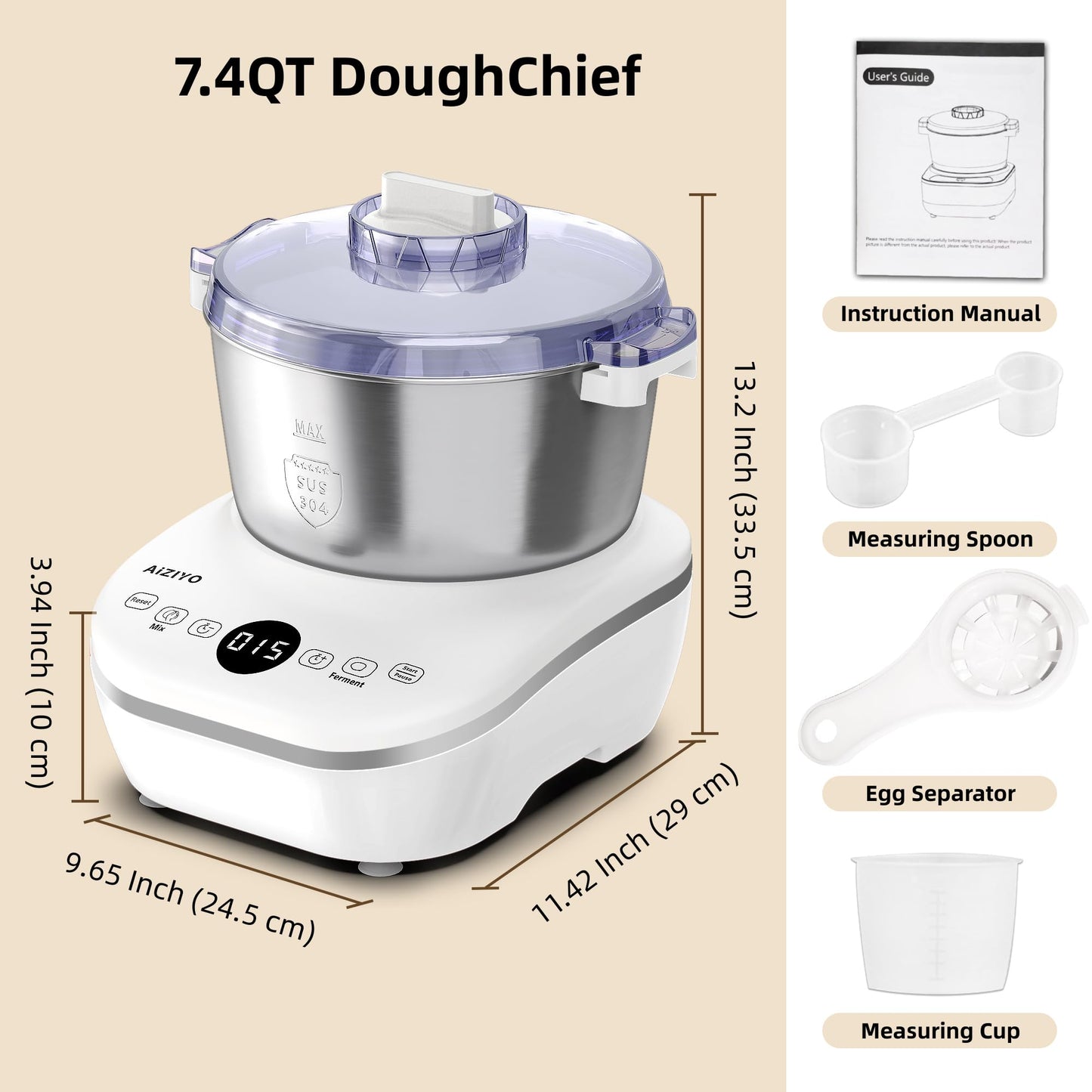 AIZIYO DoughChief, 7.4QT Dough Maker, Dough Mixer with Ferment Function, 304 Stainless Steel Bowl, Removeable lid, Face-up Touch Panel, Electric Dough Proofing Box for Pizza & Bread