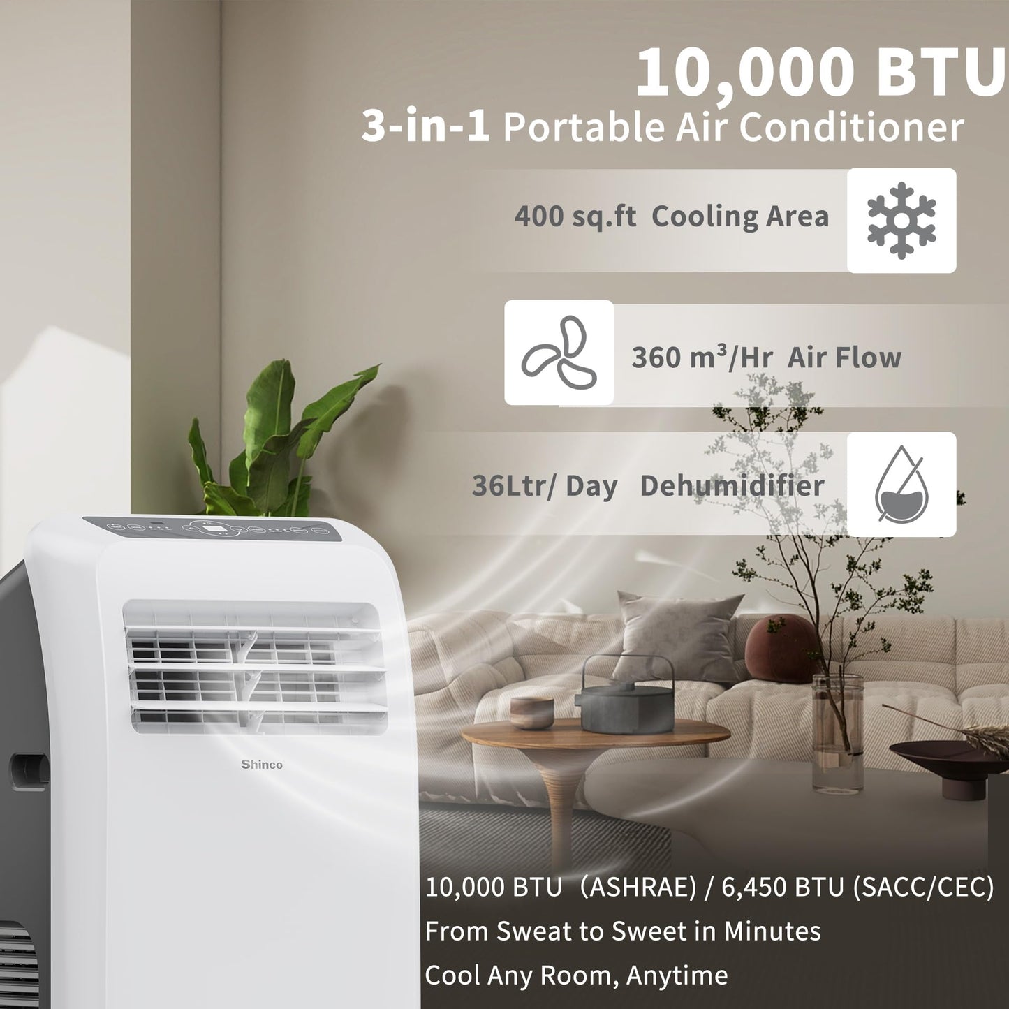 Shinco 10,000 BTU Portable Air Conditioner - 3-in-1 Cool/Dehumidifier/Fan for Rooms Up to 400 sq.ft, Remote Control & 24H Timer, Compact AC Unit for Bedroom/Office