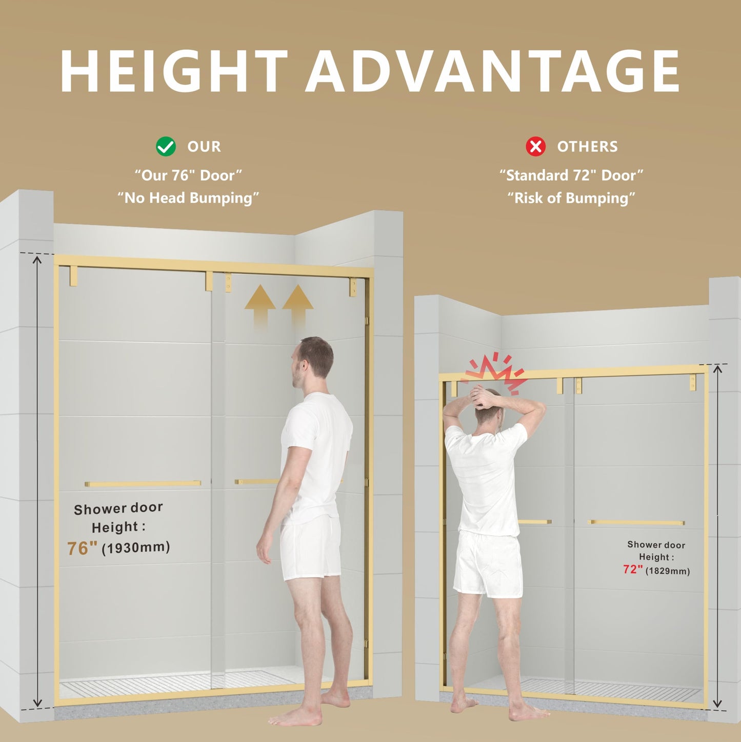 RFN 44-48" W x 76" H Framed Bypass Double Sliding Shower Door, 1/4" (6 mm) Easy-to-Clean Treated Clear Tempered SGCC Glass,Bathroom Door(Brushed Gold, 44-48" W*76" H)