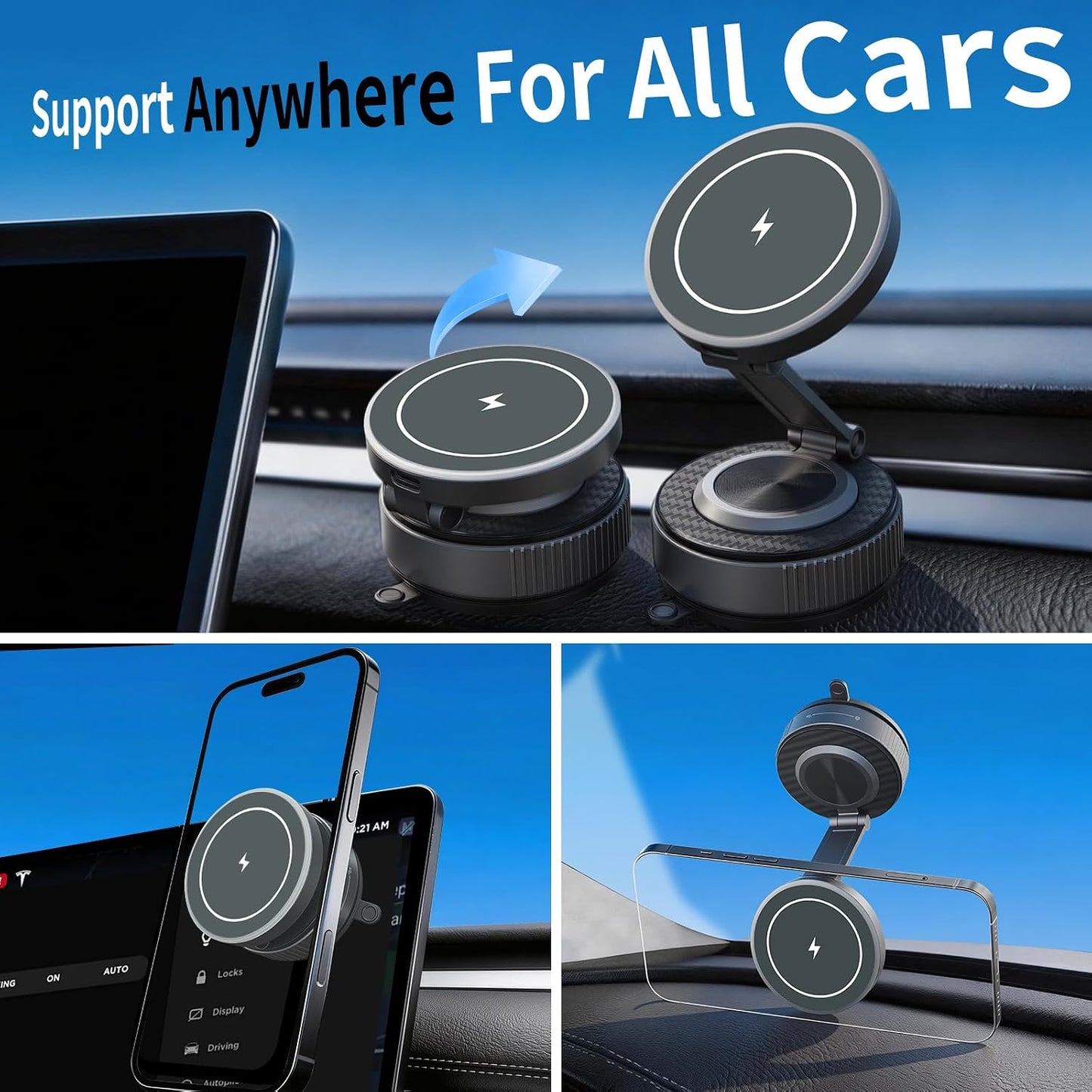 AAGJJ Holder,15W Android,360 3 Phone Holder for Model Y,Magnetic Phone Wireless Car Charger with Magsafe,Suction Cup