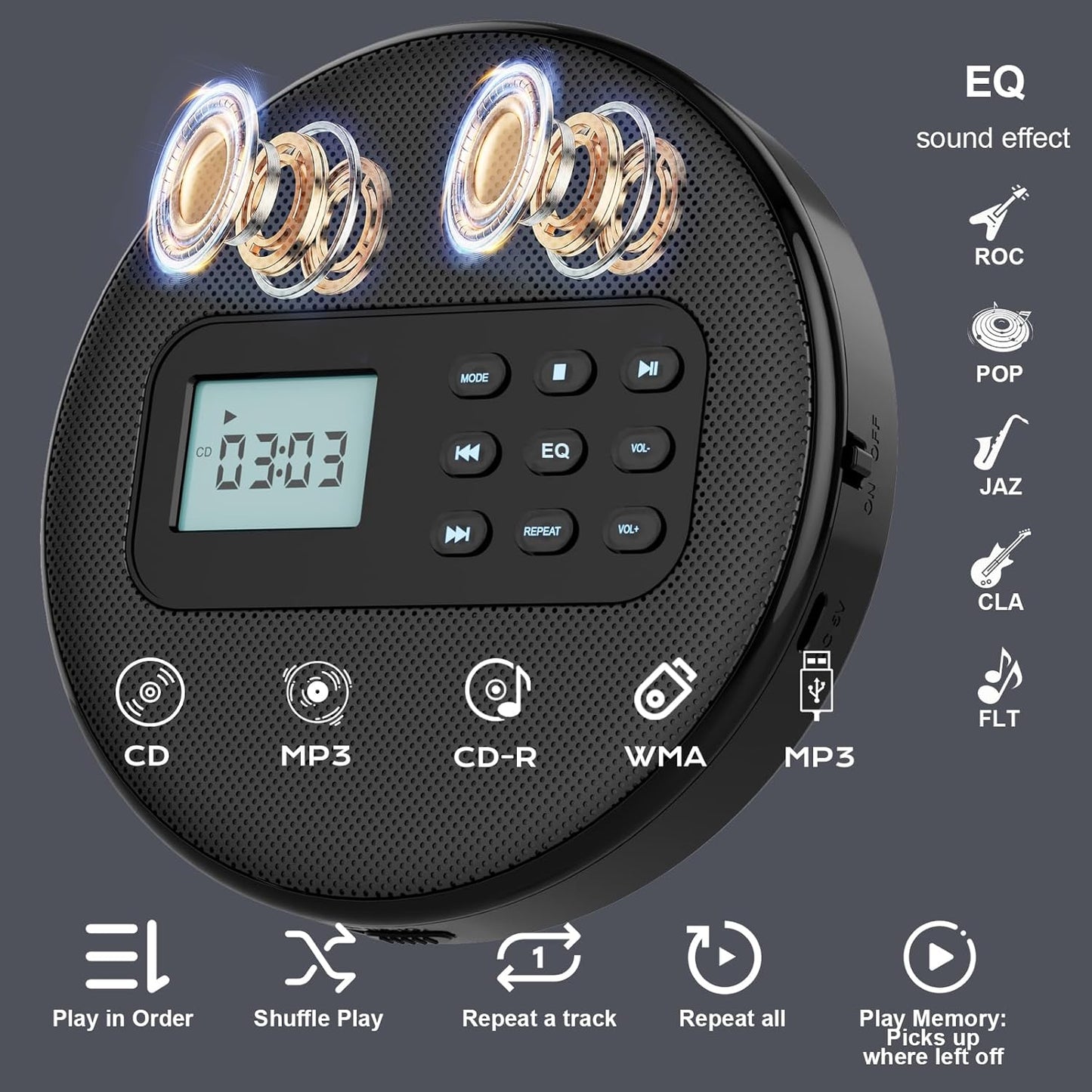 Kuephom Discman CD/USB/MP3 Portable CD Player with Headphones and Built-in Speakers: Rechargeable with Anti-Skip