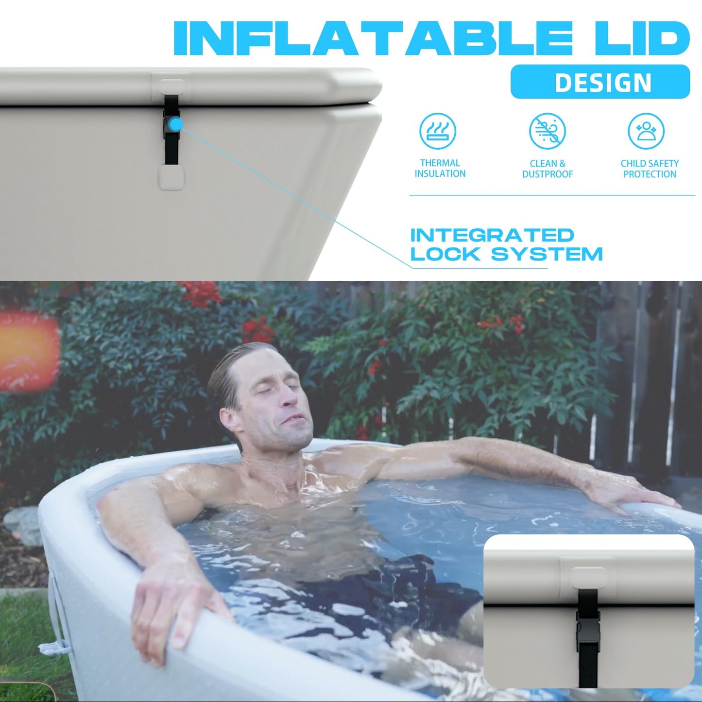 Inflatable Ice Bath Tub for Athletes - Slanted-Edge Cold Plunge Tub Compatible Water Chiller, Insulated Lid, EVA Groundsheet, Backpack, 155 Gallon, 61" L x 31.5" W x 24.8" H