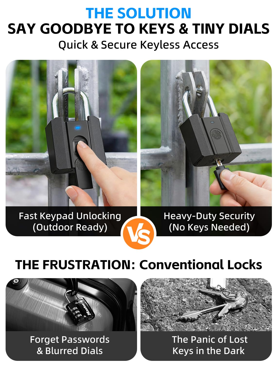 Smart Fingerprint Padlock with Key Backup, Stores 20 Prints, IPX5 Waterproof, Keyless Lock with CR2032 Battery for Gym Locker, Gate, Fence & Shed (Black)