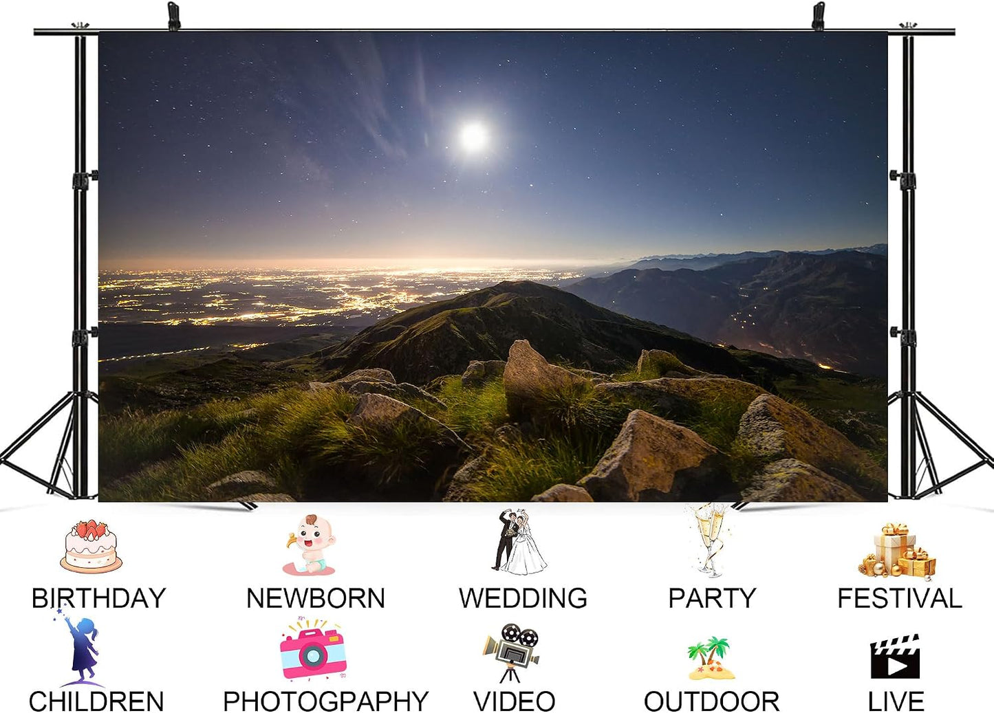UPXIO 10x8ft Mountain Night View Backdrop with City Lights and Dark Sky Photo Background Tapestry for Evening