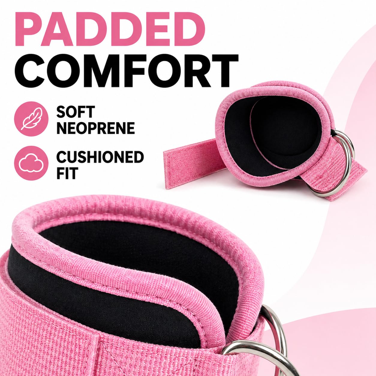 Ankle Straps for Cable Machines, Pair of Padded Neoprene Ankle Cuffs with Metal D-Rings, Adjustable Resistance Band Attachment for Glute Kickbacks, Leg and Hip Workouts(Black)