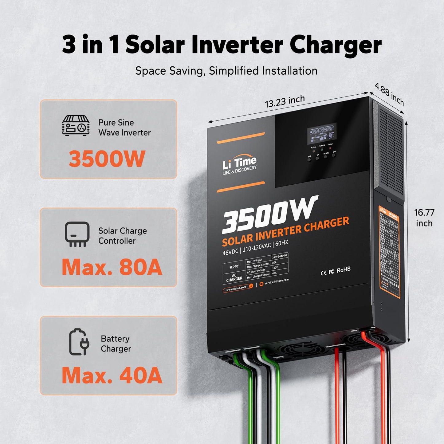 LiTime Solar Inverter Charger, 3500W DC 48V to AC 120V Pure Sine Wave Inverter with 80A MPPT Charge Controller, 40A AC Battery Charger, Uninterrupted Power Supply (UPS), RS485 Communication