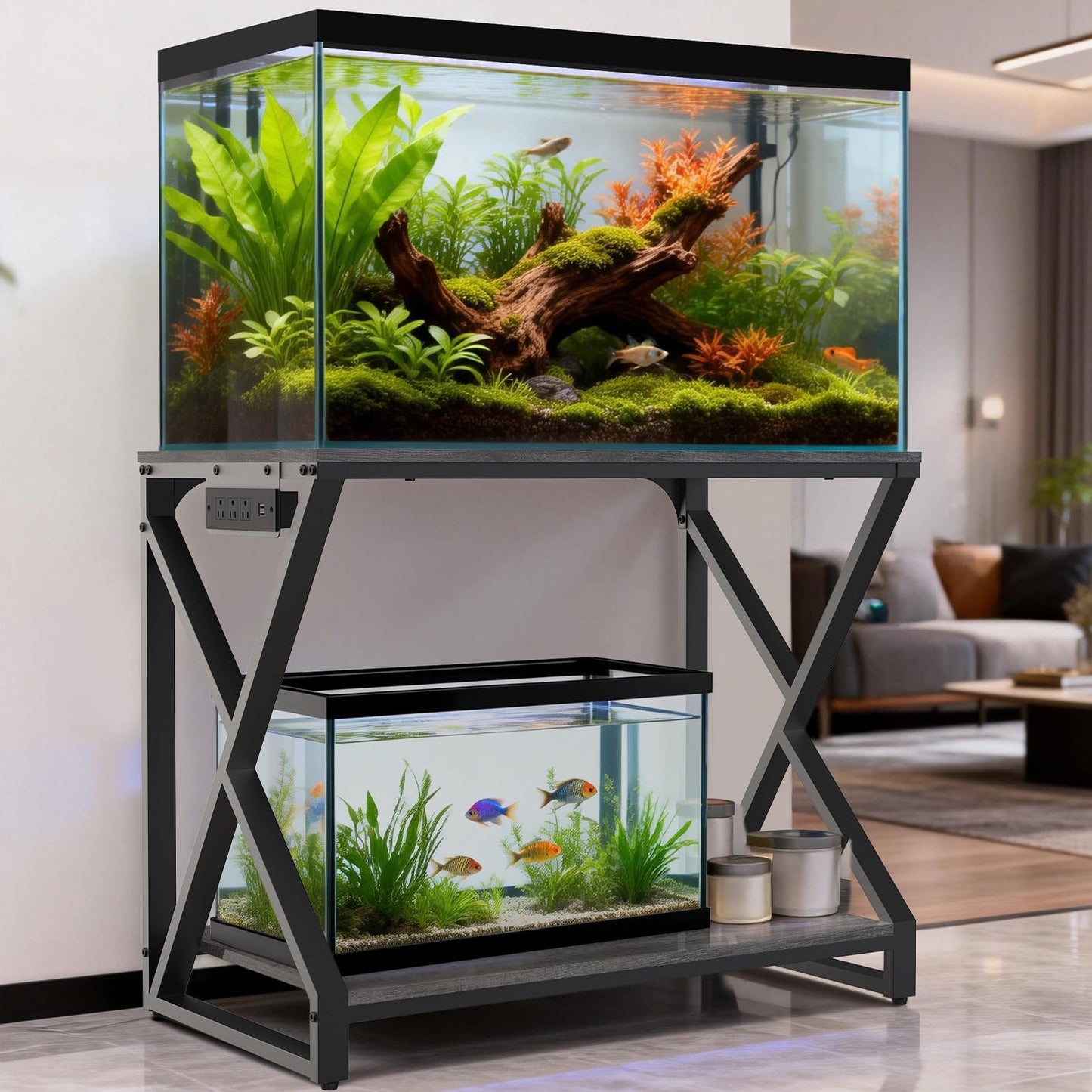 fishkeeper Heavy Duty Metal 50 Gallon Aquarium Stand with Charging Station, 2-Tier Storage Shelves with USB Ports and Outlets, 720LBS High Load Capacity Fish Tank Stand for Reptile/Turtle/Breeder Tank Stand