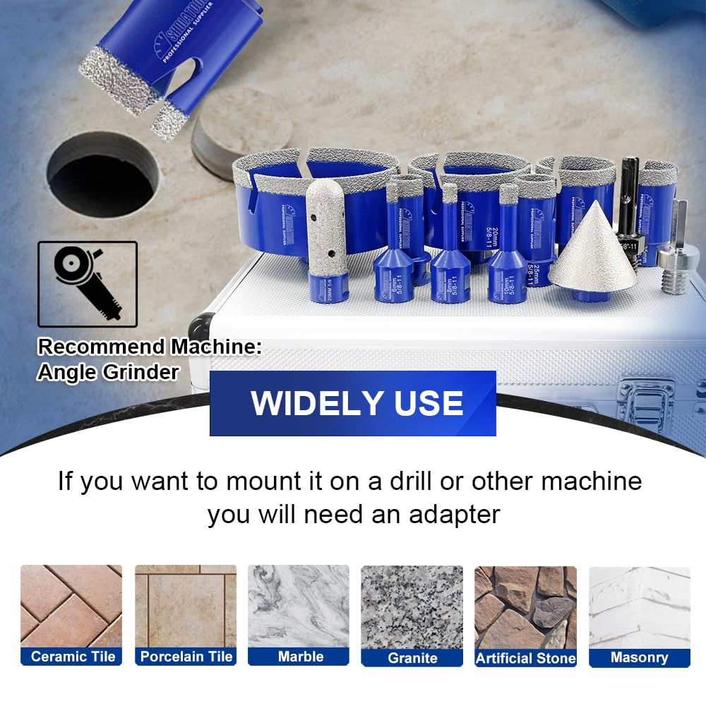 SHDIATOOL Diamond Tile Drill Bits Kit 13pcs, Porcelain Hole Saw Sets, Core Bits Cutter for Drilling Ceramic Marble Granite (6/8/10/20/25/35/50/75/100/20MM/2/SDS/HEX)