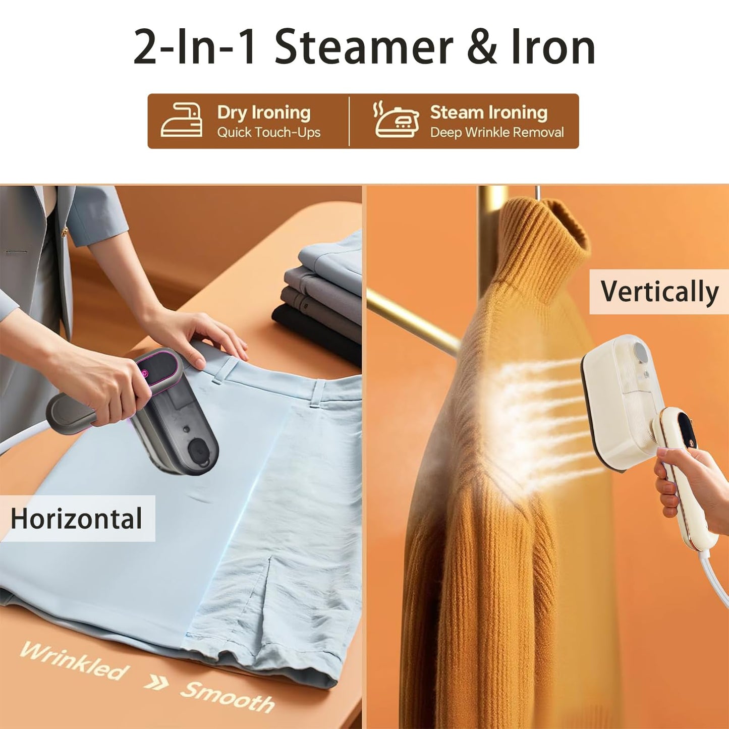 Travel Steamer Iron, 1200W Clothing Steamer with Digital Display Screen, 5+1 Intelligent Ironing Gear Multifunctional Hanging Iron Machine, 140ml, 30S Preheating, Suitable for Home, Trip&Dorm (Grey)