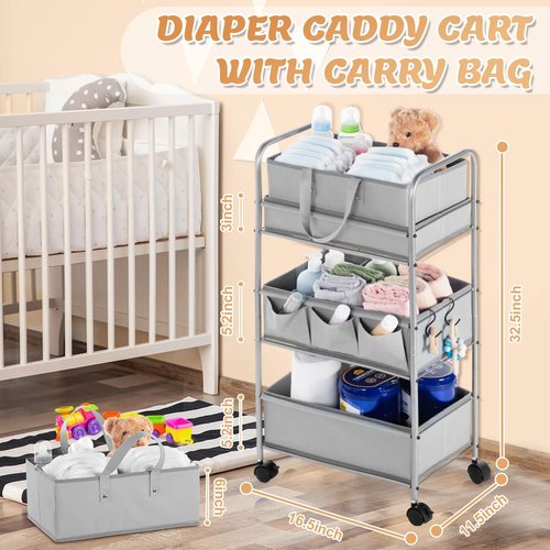 Honeydak 2in1 Baby Diaper Caddy Organizer Cart 3 Tier Large Capacity Metal Utility Bedside Rolling Cart with Divider Newborn Registry Nursery Essential Must Have Crib Bedroom Baby Shower(Gray)
