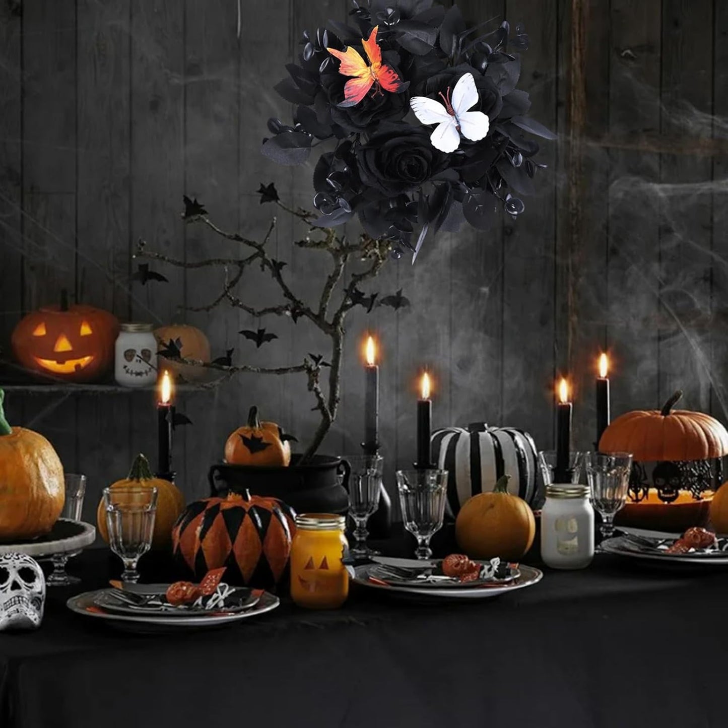 Regine Switzerland Halloween Rose Candle Ring Wreath - Gothic Black Floral with Butterfly & Artificial Leaves | Elegant Table Centerpiece