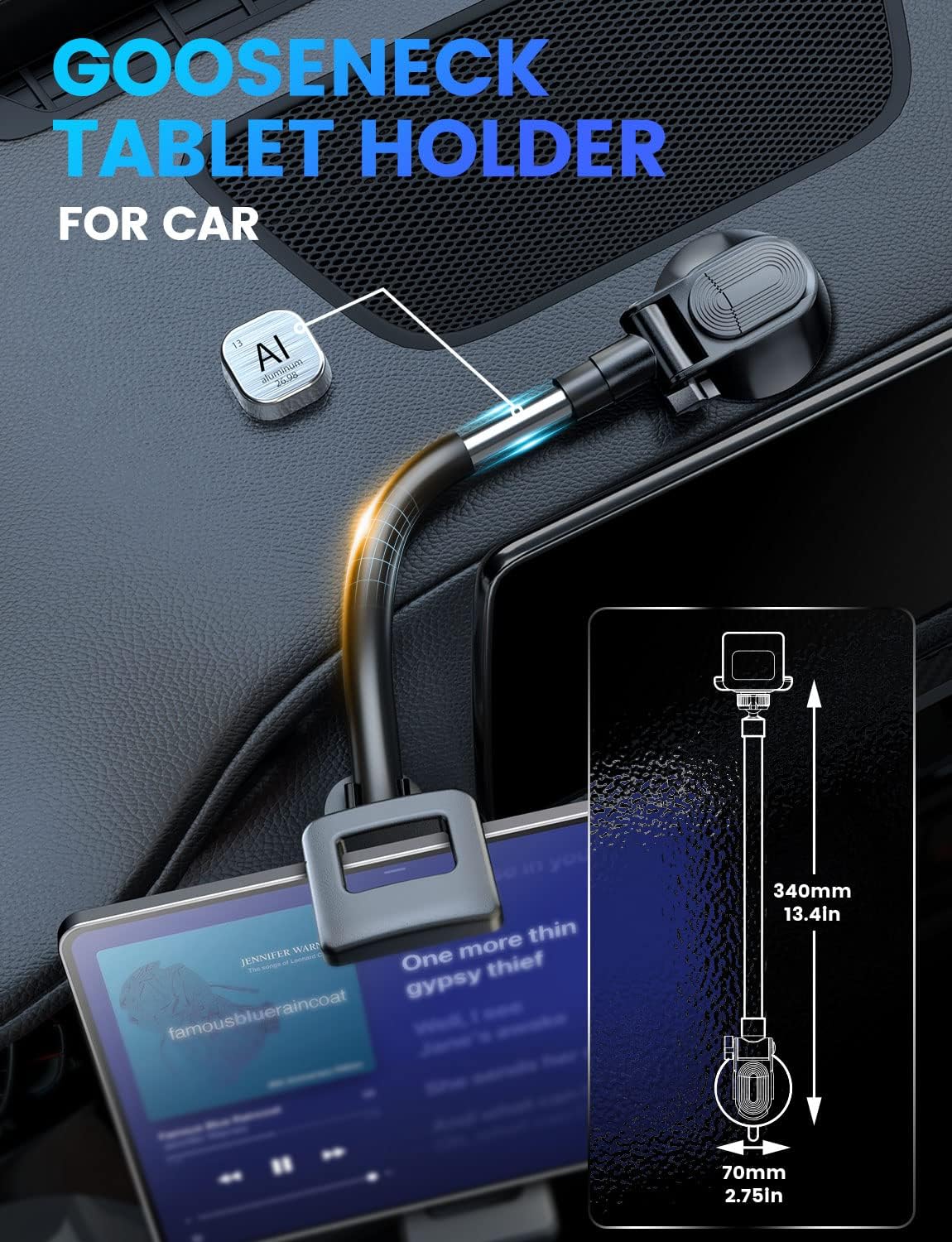 eSamcore 1.57" 360 6"-11" Tablet Holder for car, Extra Deep Clamp for iPad for Car Dashboard Gooseneck iPad Dash Mount