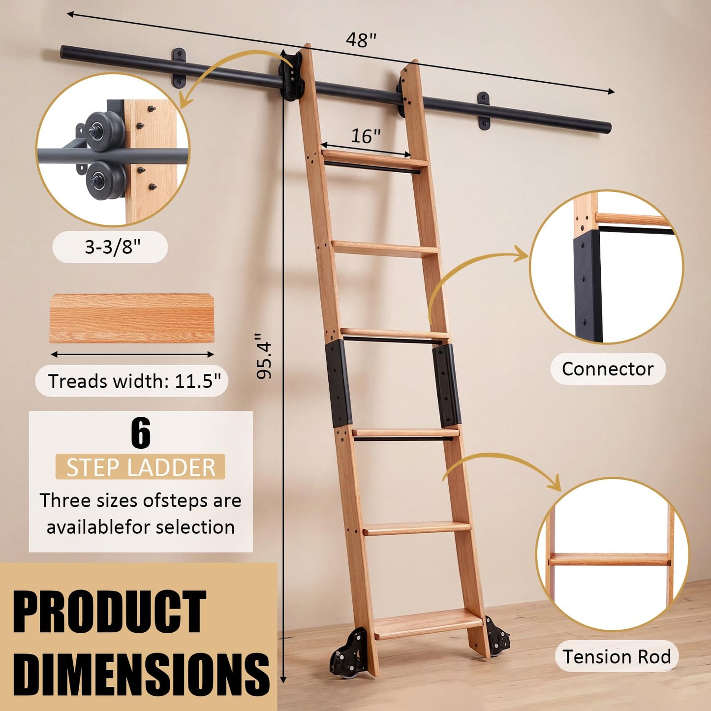 Leinuosen 95 Inch Rolling Library Ladder with 4ft Track Kit, Solid Oak Wood Ladder with Braking Wheels, Sliding Kit for Home, Bookshelf, Loft((Suitable for Installation Height 89-3/4")
