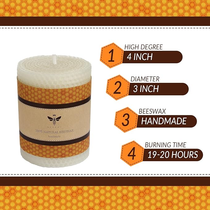 White Beeswax Pillar Candle - Handmade Pure Beeswax Rolled Candle for Gift & Home Decor (3×4 in)