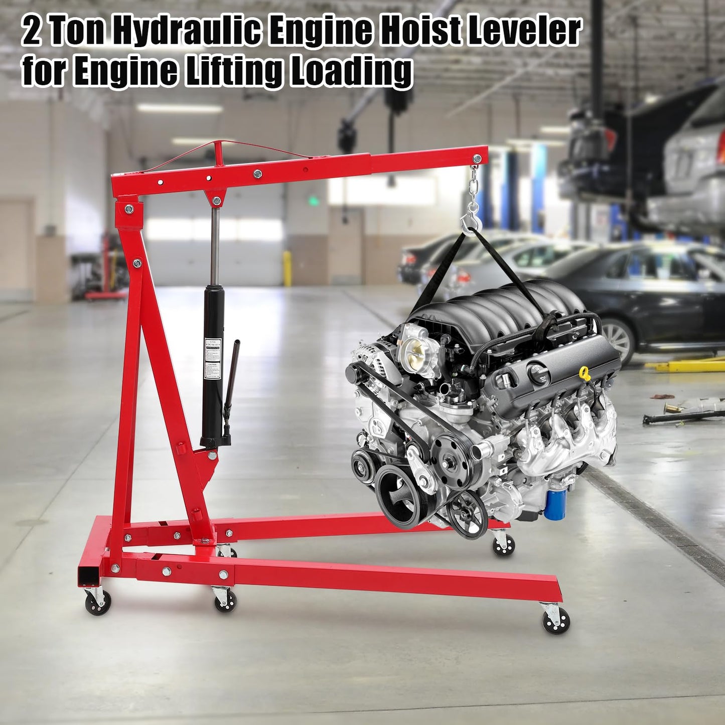 PioneerWorks Engine Hoist 2 Ton, Heavy Duty Steel Hydraulic Shop Engine Crane, Folding Hydraulic Tilting Engine Lift with 360 Degree Swivel Wheels for Ports, Warehouses, Garage, Factory