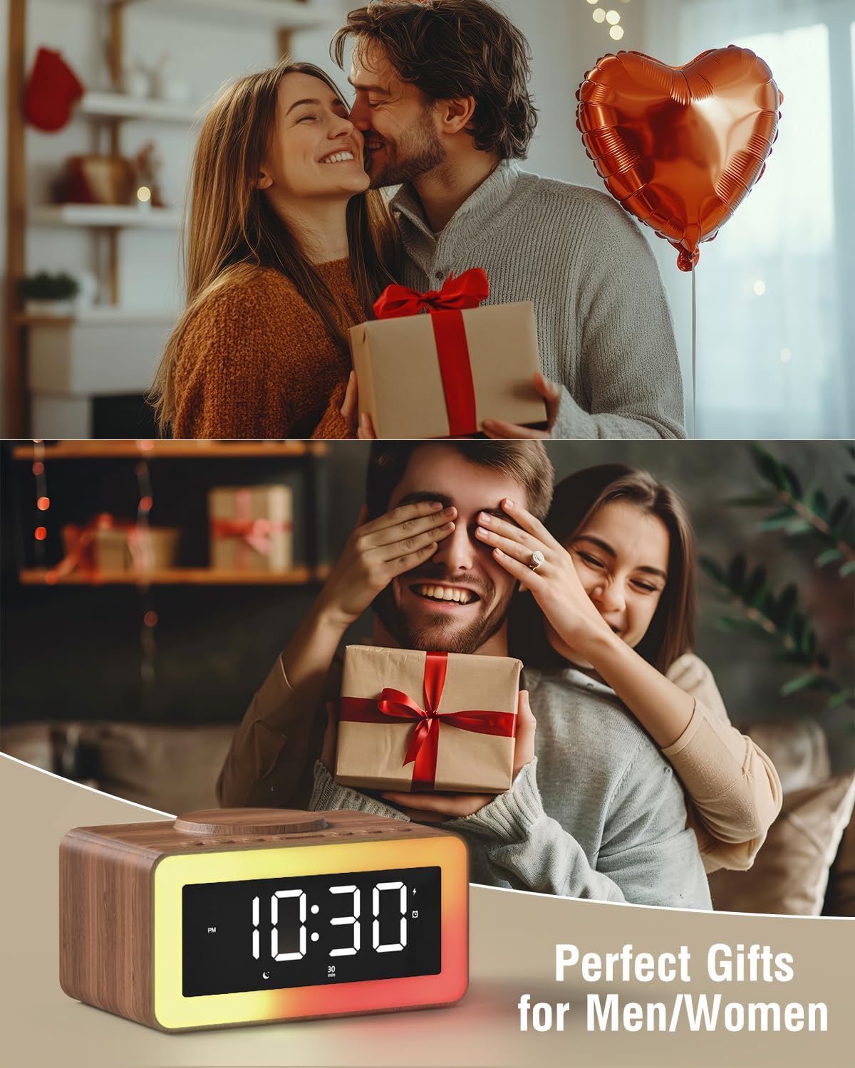Alarm Clock with Wireless Charging, Bluetooth Speaker, White/Brown Noise Sound Machine Night Light, Wooden Digital