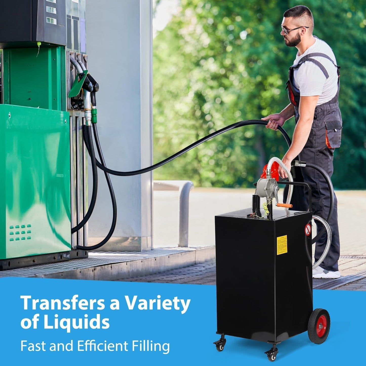 40 Gallon Fuel Caddy with Manual Pump, Heavy Duty Portable Gas & Diesel Transfer Tank on 4 Wheels, Spill-Proof Container for Truck, Tractor, Boat, ATV, Farm,Orange