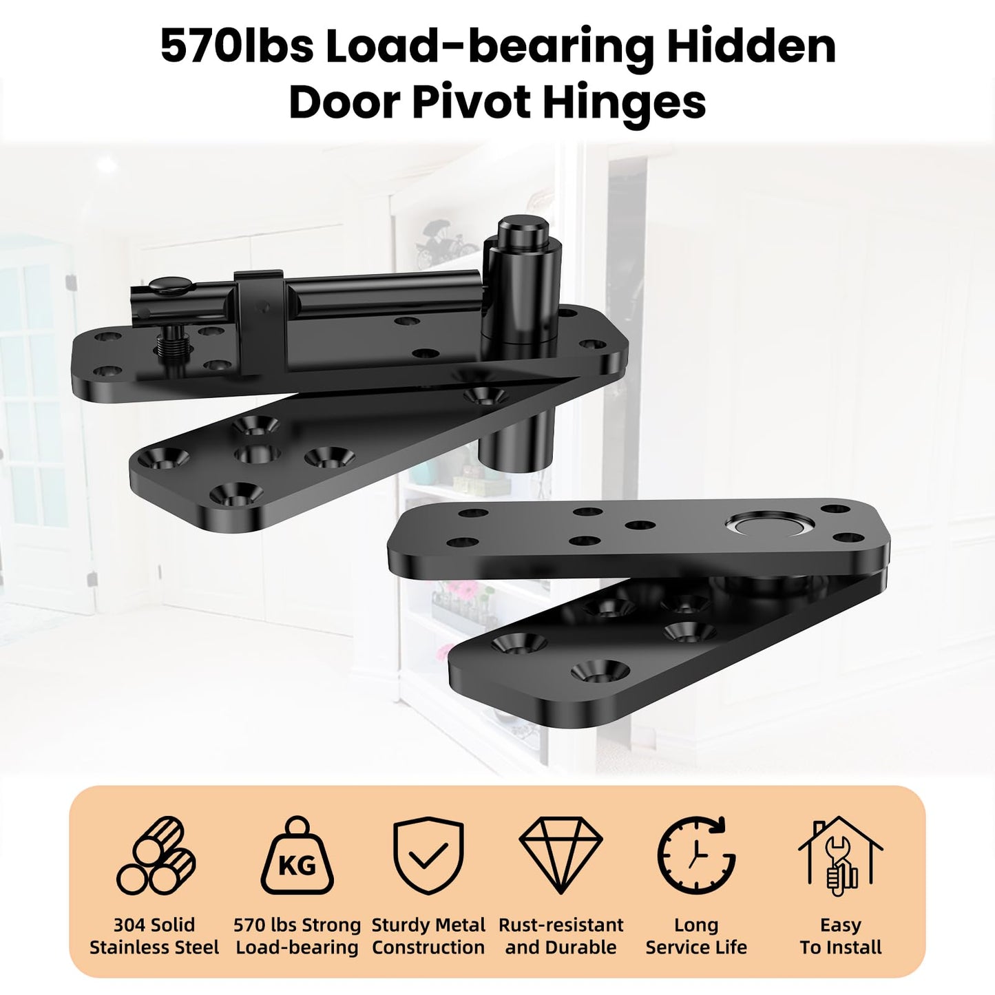 Hidden Door Hinge Pivot Hinge, 570LBS Load-Bearing Heavy Duty Pivot Door Hardware for Hidden Door Bookcase, Hinge Kit 360° Rotation Invisible Door Hinges for Secret Door (Black)