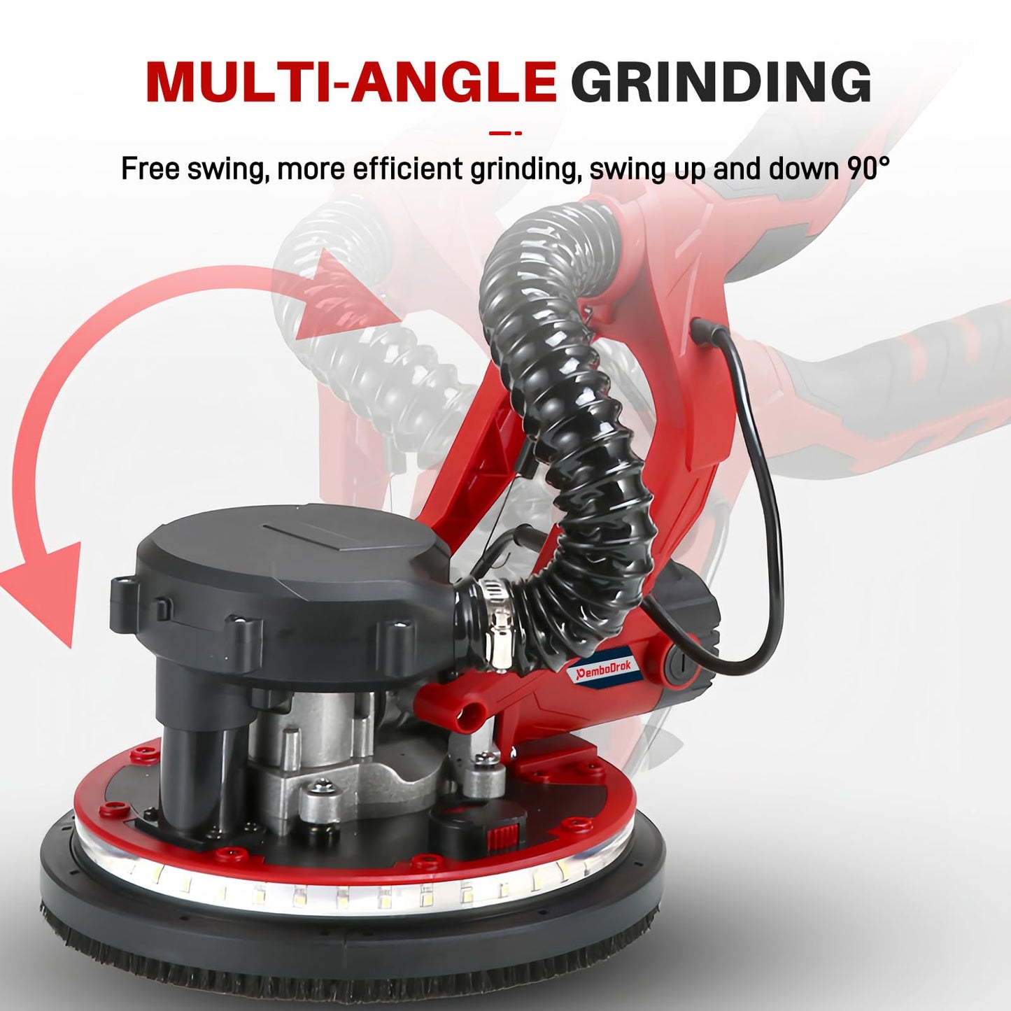 Drywall Sander - Popcorn Ceiling Removal Tool with Vacuum Dust Collector,Foldable,Variable Speed 800-1800RPM,Extendable Handle,LED Light,Sanding Discs,Red
