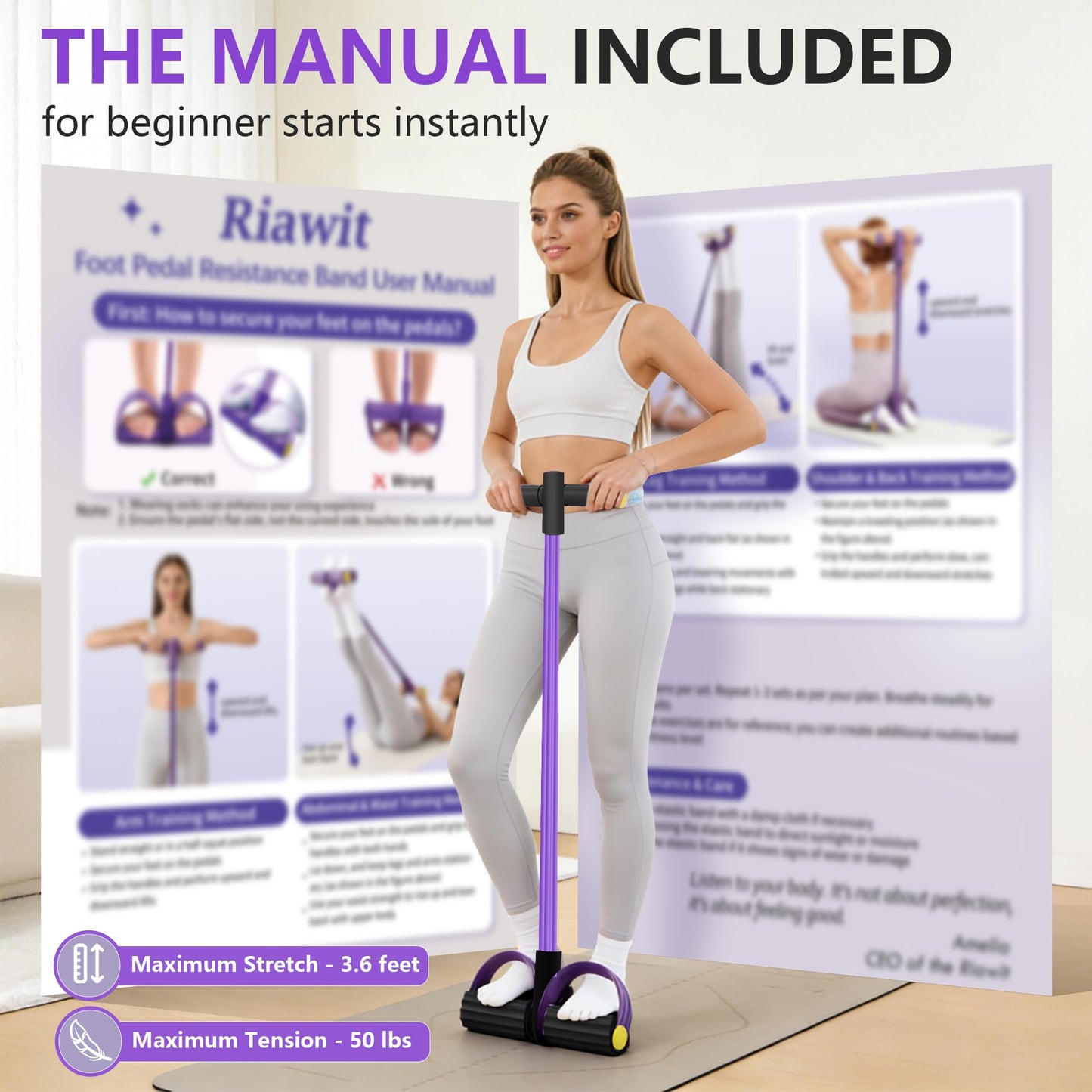 Upgraded Pedal Resistance Band with Handle, Soft Durable Fashion Puller Exercise with Thickened 6 Tension Ropes, Tube Pedal Resistance Device for Abdomen, Waist, Arm, Leg, Core/ABS (Black & Purple)