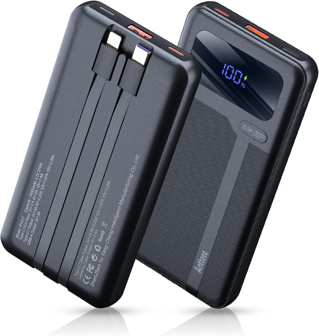 Antteez 10000mAh 22.5W Pack 4 2 Portable Charger with Built in Cable - Fast Charging Power Bank USB C LED Display