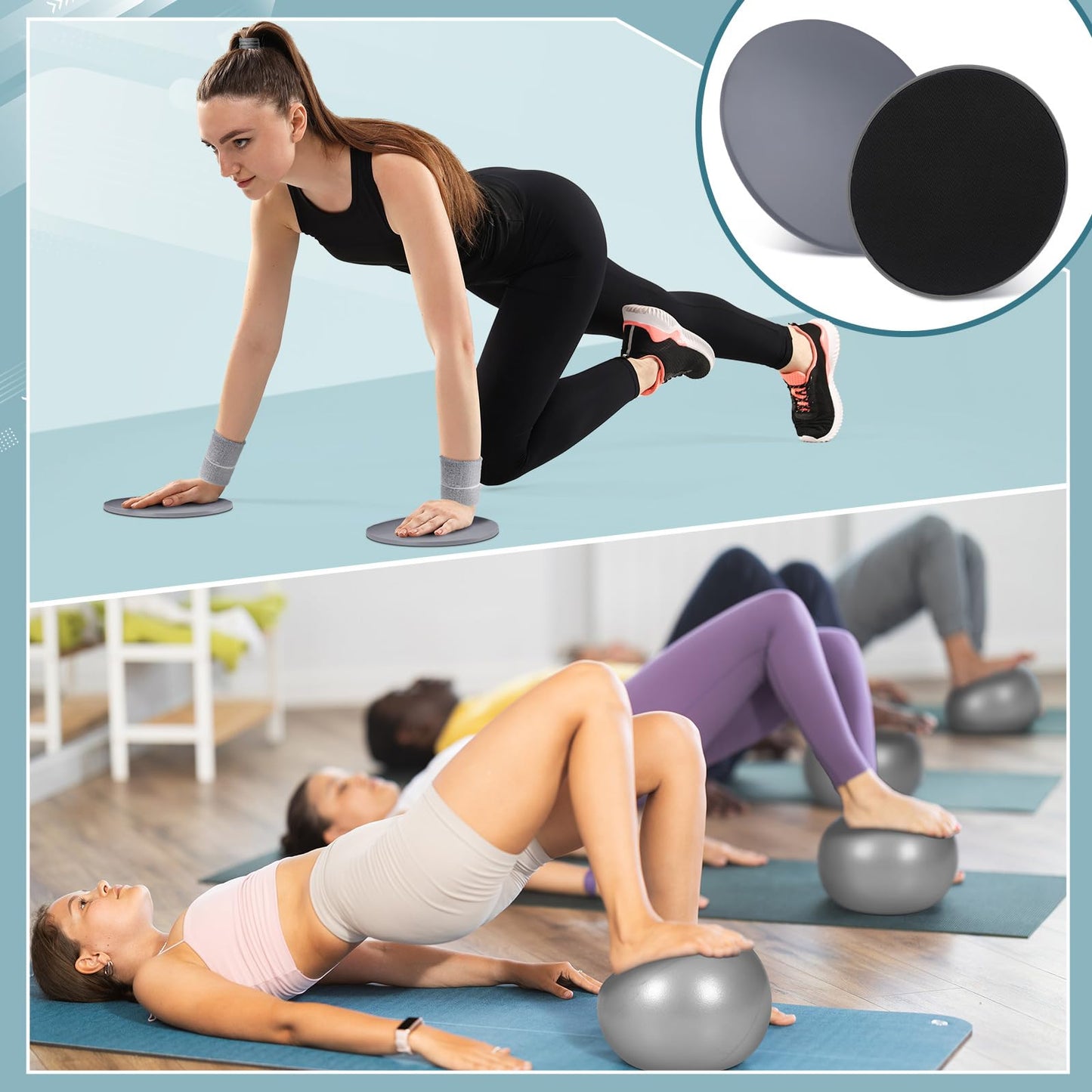 Poen 18 Pcs Home Pilates Ball and Ring Circle Set Yoga Fitness Essentials Kit with 5 Resistance Band Stretching Strap Non Slip Sock Ball Core Slider Wristband Headband Gym Bag for Women(Gray)
