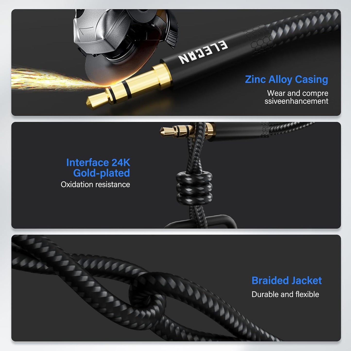 10 1/8 Inch 3.5 MM Elecan Headphone Extension Cable Ft, AUX Cord Wire Male to Female, Hi-Fi Sound Thin&Slim Braided TRS