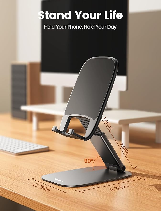 Lamicall Ultra-Thin Phone Stand for Desk, Foldable Cell Phone Holder Height Adjustable, Sturdy Weighted Base, Thick Case Friendly for Gaming Office, Fit iPhone 17 16 15 Pro Max, Galaxy S26, Switch