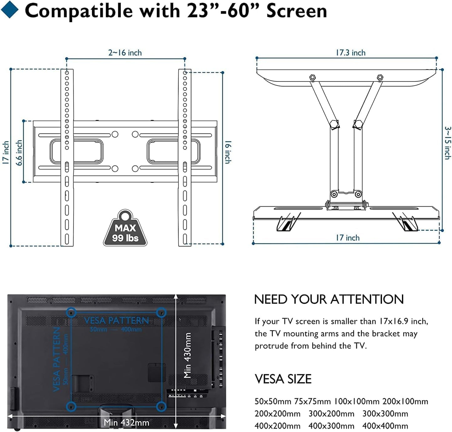 BONTEC 23-70 Inch 99 lbs, 400x400mm, 16" Full Motion TV Wall Mount for TVs, Hold up to Max VESA Swivel Tilt Dual Arms