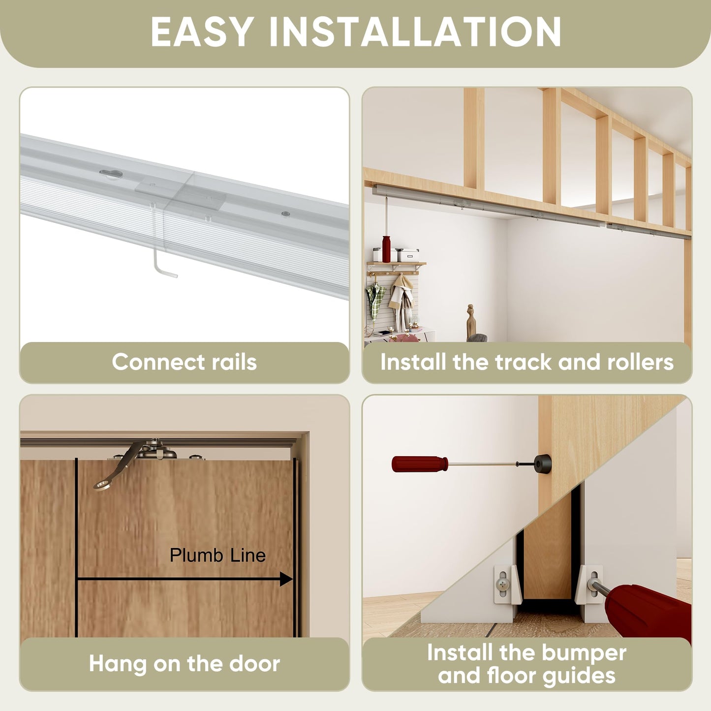 BarnBase 10FT Double Pocket Door Track Kit, 2 Sets of 56.7" Spliced Rail, Suitable for Double Door Width 48"-60"(Single Panel 24"-30"), Slide Quietly and Smoothly, Easy to Install