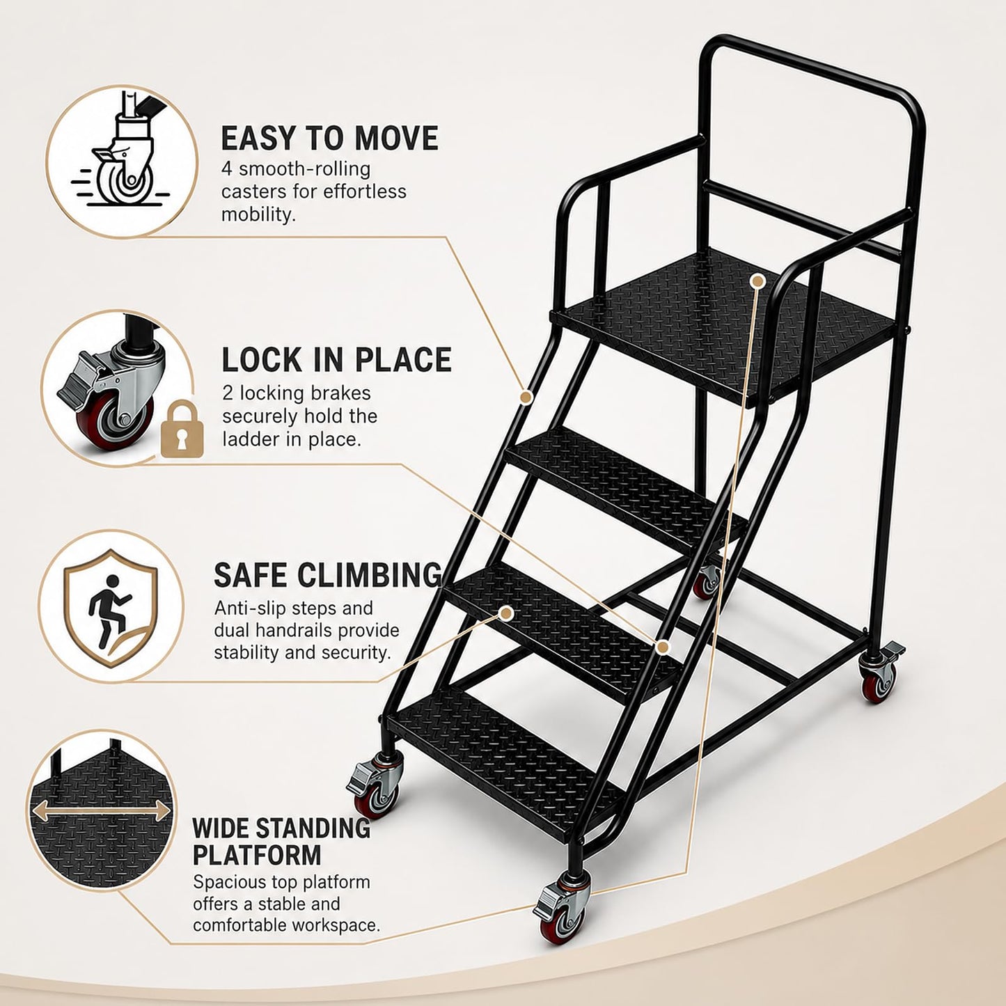 4 Step Rolling Ladder with Handrails, 880 lbs Capacity Heavy Duty Steel Mobile Warehouse Ladder with Locking Wheels, Non-Slip Rolling Stairs with Large Platform for Garage, Stockroom, Library