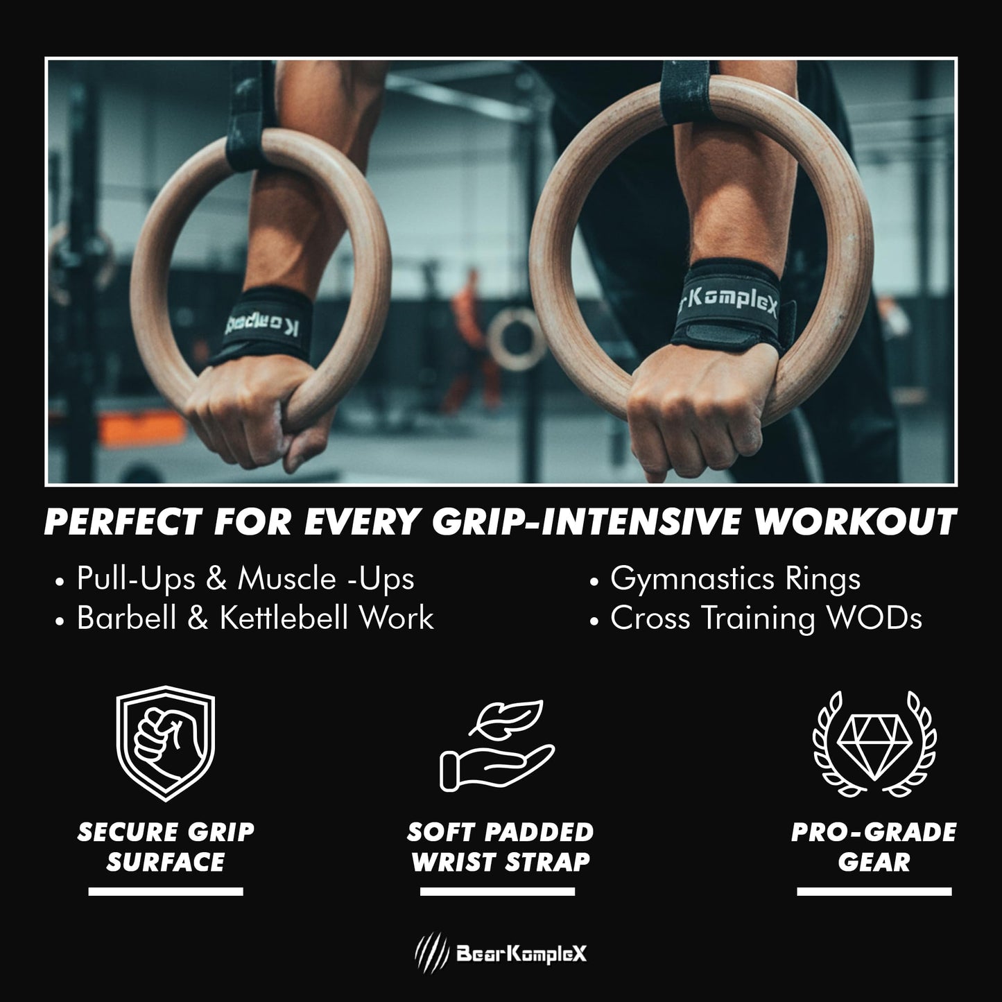 Bear KompleX - Cross Training Hand Grips for Weight Lifting, Gymnastics, and Pull Ups - Lightweight and High Performance Powerlifting Grips for Men and Women - No Hole Design, Black Diamond
