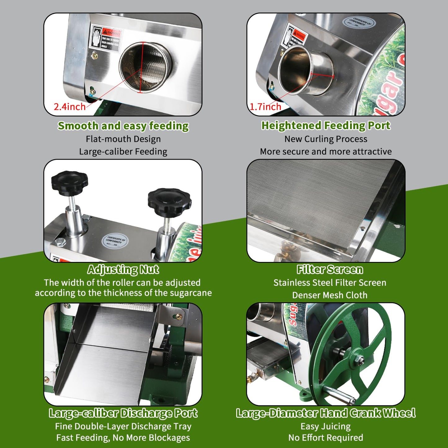 Manual Sugar Cane Press Juicer, Heavy-Duty Triple Stainless Steel Roller Design, Motor-Ready Interface, 2.5" Wide Inlet, High-Yield Hand Crank Cane Extractor for Home & Small Commercial Use