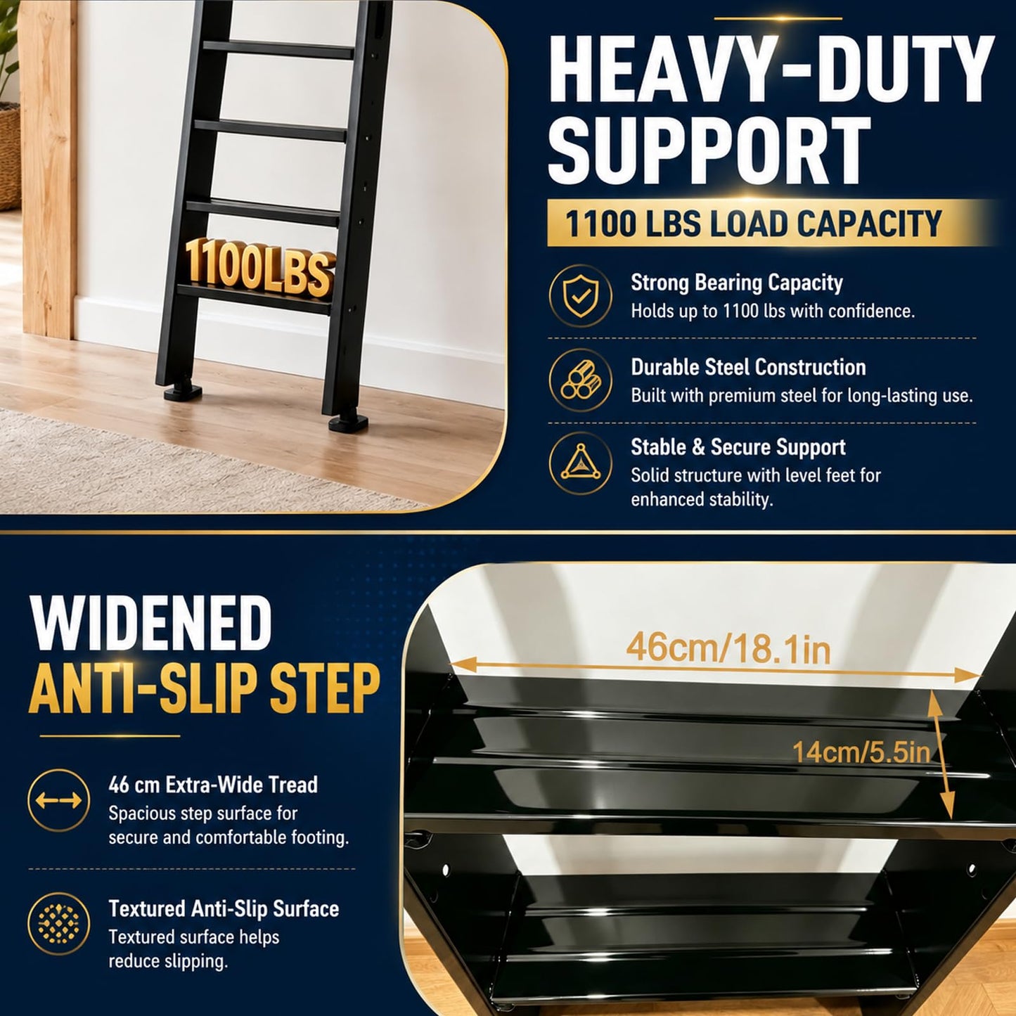 8.2FT Industrial Style Loft Ladder, with Double Handrails, 8 Steps Library Ladder, 1100LBS Capacity, Carbon Steel Attic Loft Stairs, Wall Mounted Loft Ladder for Home Library Warehouse