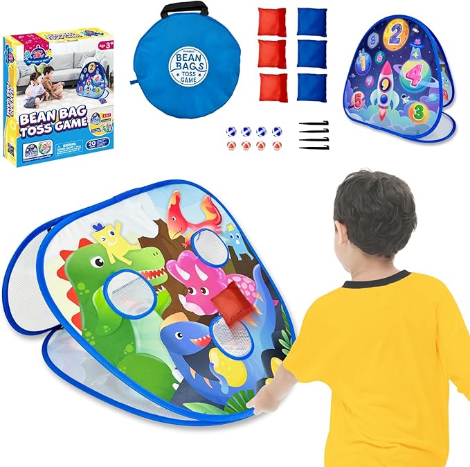 2 in-1 Dinosaur and Spaceship-Themed 27-inch Bean Bag Toss Game Set for for 1-2 Players, Backyard Games, Family Party, Birthday, for Toddlers Ages 3 4 5 6 Year Old- Amazon Exclusive