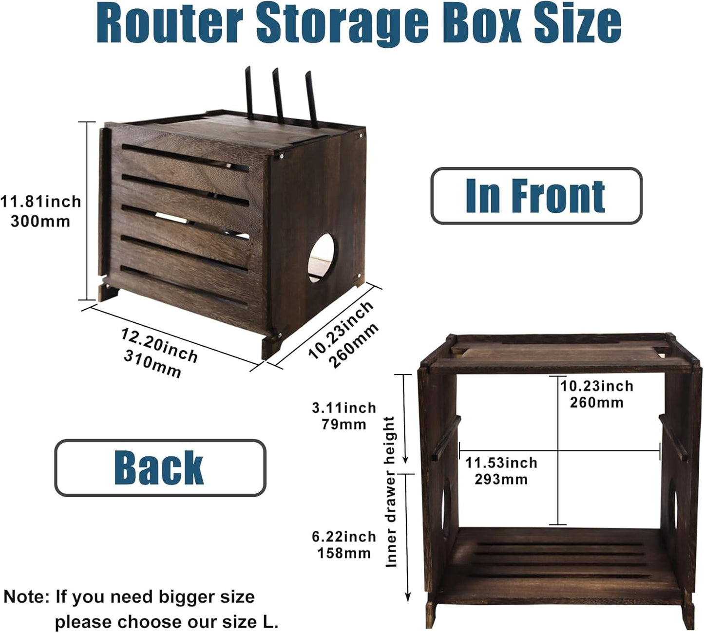 Yemotopro Wooden WiFi Router Storage Box Charcoal Retro Wood Router Hider Box Modem Store Boxes, Double-Layers WiFi