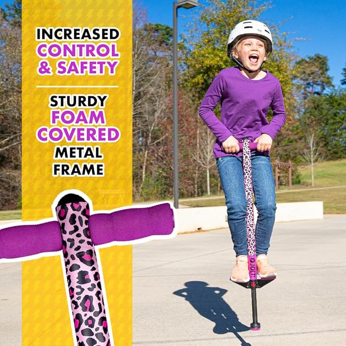 Flybar Pogo Stick for Kids, 40 to 80 Pounds, Perfect for Beginners, Easy Grip Foam Handles, Anti-Slip Foot Pegs, Outdoor Toys for Boys, Jumper Toys for Girls, Outside Toys for Kids (Jolt, Leopard)
